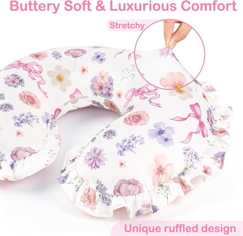 Pea Pod Nursing Pillow Cover, Removable Stretchy Ruffled Pillowcase for Breastfeeding Pillows, Ultra Soft Breathable Pillow Slipcover for Baby Girls and Boys, Compatible with Boppy Pillow, Floral Bows in Kuwait
