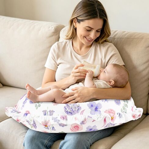 Pea Pod Nursing Pillow Cover, Removable Stretchy Ruffled Pillowcase for Breastfeeding Pillows, Ultra Soft Breathable Pillow Slipcover for Baby Girls and Boys, Compatible with Boppy Pillow, Floral Bows in Kuwait