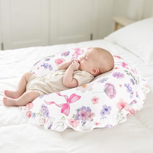 Pea Pod Nursing Pillow Cover, Removable Stretchy Ruffled Pillowcase for Breastfeeding Pillows, Ultra Soft Breathable Pillow Slipcover for Baby Girls and Boys, Compatible with Boppy Pillow, Floral Bows in Kuwait
