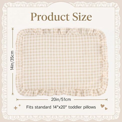 Breling Muslin Cotton Toddler Pillowcase with Cute Ruffled Gingham 14x20 Kids Nursery Soft Breathable Pillow Cover Envelope Closure Khaki Machine Washable Travel Bedding for Boys Girls in Kuwait