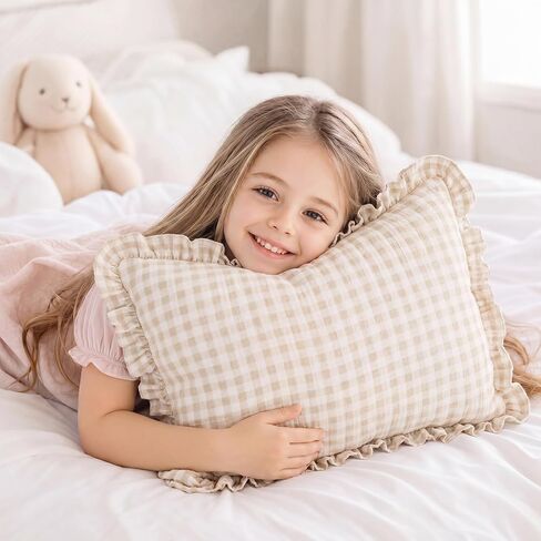 Breling Muslin Cotton Toddler Pillowcase with Cute Ruffled Gingham 14x20 Kids Nursery Soft Breathable Pillow Cover Envelope Closure Khaki Machine Washable Travel Bedding for Boys Girls in Kuwait
