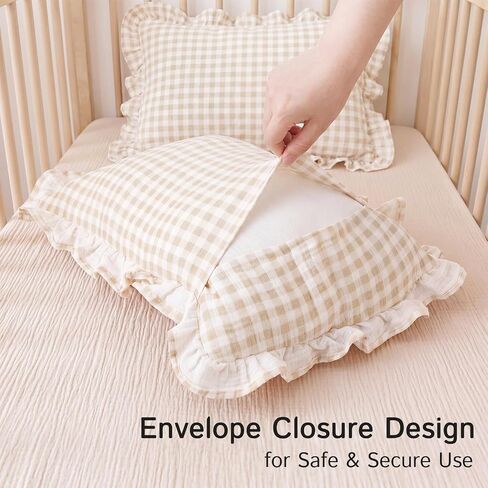 Breling Muslin Cotton Toddler Pillowcase with Cute Ruffled Gingham 14x20 Kids Nursery Soft Breathable Pillow Cover Envelope Closure Khaki Machine Washable Travel Bedding for Boys Girls in Kuwait