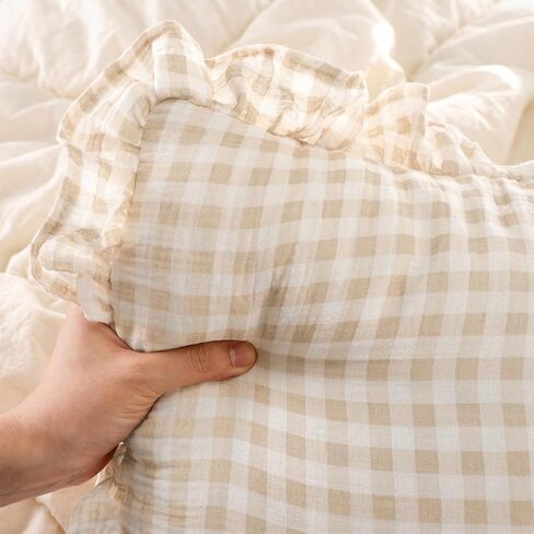 Breling Muslin Cotton Toddler Pillowcase with Cute Ruffled Gingham 14x20 Kids Nursery Soft Breathable Pillow Cover Envelope Closure Khaki Machine Washable Travel Bedding for Boys Girls in Kuwait