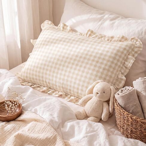 Breling Muslin Cotton Toddler Pillowcase with Cute Ruffled Gingham 14x20 Kids Nursery Soft Breathable Pillow Cover Envelope Closure Khaki Machine Washable Travel Bedding for Boys Girls in Kuwait