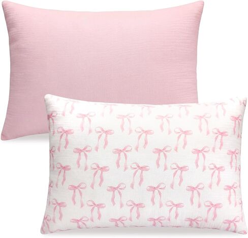 Breling 2 Pack Muslin Toddler Pillowcases 13" x 18" 100% Cotton Soft & Breathable Toddler Pillow Case, Pink Coquette Bow Pillow Covers with Envelope Closure for Girls Baby in Kuwait