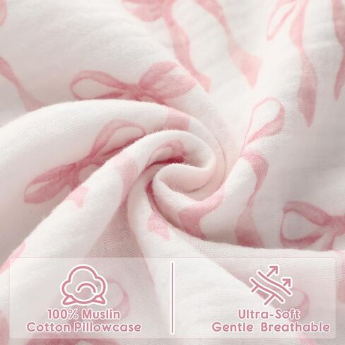Breling 2 Pack Muslin Toddler Pillowcases 13" x 18" 100% Cotton Soft & Breathable Toddler Pillow Case, Pink Coquette Bow Pillow Covers with Envelope Closure for Girls Baby in Kuwait