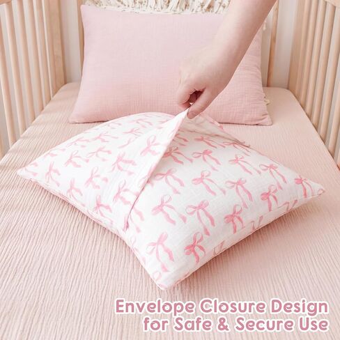 Breling 2 Pack Muslin Toddler Pillowcases 13" x 18" 100% Cotton Soft & Breathable Toddler Pillow Case, Pink Coquette Bow Pillow Covers with Envelope Closure for Girls Baby in Kuwait