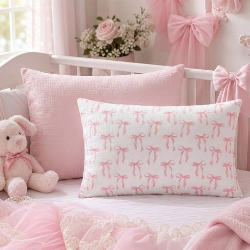Breling 2 Pack Muslin Toddler Pillowcases 13" x 18" 100% Cotton Soft & Breathable Toddler Pillow Case, Pink Coquette Bow Pillow Covers with Envelope Closure for Girls Baby in Kuwait
