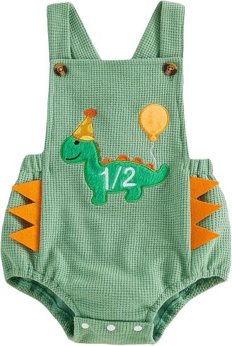 Toddler Baby Boy Birthday Outfit Sleevelesss Half/One Dinosaur Embroidery Romper Backless Bodysuit Cake Smash Outfit in Kuwait