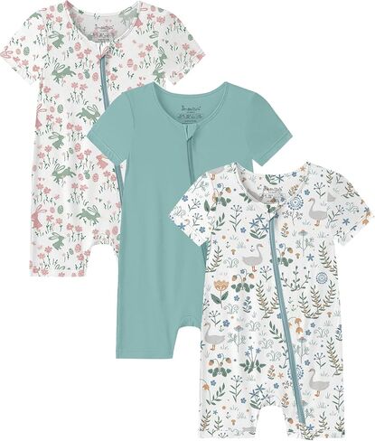 Jimonda Unisex Bamboo Baby Short Romper 3-Pack | Bamboo Rayon,2-Way Zipper Footless Pajamas,Short Sleeve,Baby Summer Pajamas,Silky Soft,Gentle on Skin,Stretchy,Lightweight in Kuwait