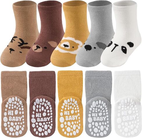 Toddler Grip Socks, 5 Pairs, Cotton Crew for Baby Boys & Girls | 80% cotton blend feels soft and breathable; dense sole grips support crawling, cruising and first steps on indoor floors. in Kuwait