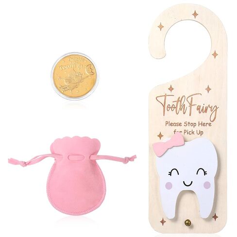 Tooth Fairy Door Hanger, Wooden Tooth Fairys Money Holder with Teeth Coins, Teeth Fairy Kit Bag Door Hanger Teoth Fairys Gift for Lost T00th Boy Girl (Pink) in Kuwait