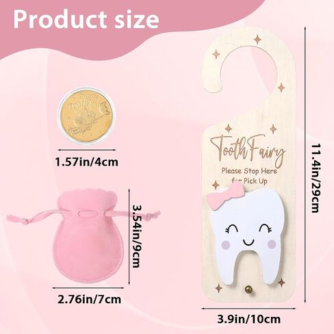 Tooth Fairy Door Hanger, Wooden Tooth Fairys Money Holder with Teeth Coins, Teeth Fairy Kit Bag Door Hanger Teoth Fairys Gift for Lost T00th Boy Girl (Pink) in Kuwait