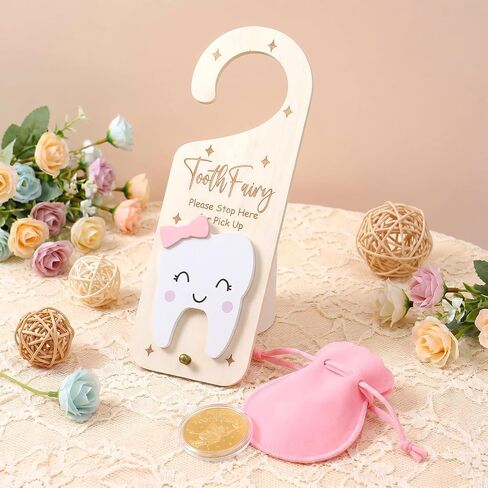 Tooth Fairy Door Hanger, Wooden Tooth Fairys Money Holder with Teeth Coins, Teeth Fairy Kit Bag Door Hanger Teoth Fairys Gift for Lost T00th Boy Girl (Pink) in Kuwait