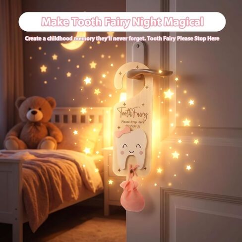 Tooth Fairy Door Hanger, Wooden Tooth Fairys Money Holder with Teeth Coins, Teeth Fairy Kit Bag Door Hanger Teoth Fairys Gift for Lost T00th Boy Girl (Pink) in Kuwait