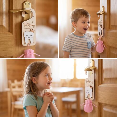 Tooth Fairy Door Hanger, Wooden Tooth Fairys Money Holder with Teeth Coins, Teeth Fairy Kit Bag Door Hanger Teoth Fairys Gift for Lost T00th Boy Girl (Pink) in Kuwait