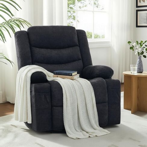 Swivel Rocker Recliner Chair, Manual Recliner Single Sofa with Cup Holders, Chenille Fabric, Modern Nursery Rocking Chair with Side Pocket for Living Room, Apartment, Blue in Kuwait