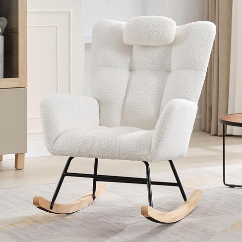 Nursery Rocking Chair with Pillow, 300Lb Glider Chair with Wood Legs/Two Side Pockets, Teddy Upholstered Glider Rocker with Padded Seat High Backrest for Nurser, Bedroom, Living Room, Beige in Kuwait