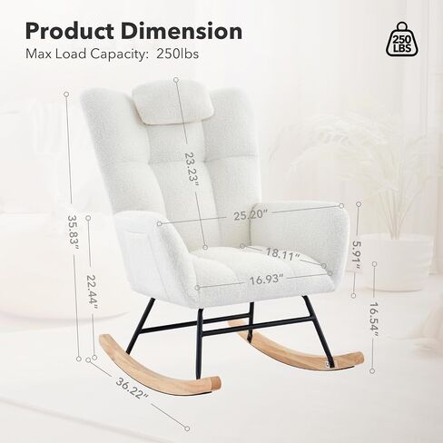 Nursery Rocking Chair with Pillow, 300Lb Glider Chair with Wood Legs/Two Side Pockets, Teddy Upholstered Glider Rocker with Padded Seat High Backrest for Nurser, Bedroom, Living Room, Beige in Kuwait