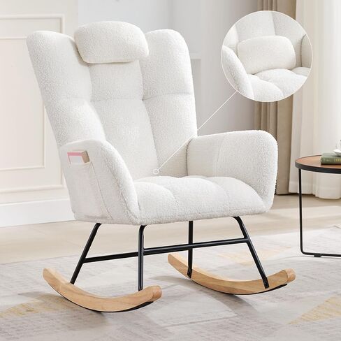 Nursery Rocking Chair with Pillow, 300Lb Glider Chair with Wood Legs/Two Side Pockets, Teddy Upholstered Glider Rocker with Padded Seat High Backrest for Nurser, Bedroom, Living Room, Beige in Kuwait