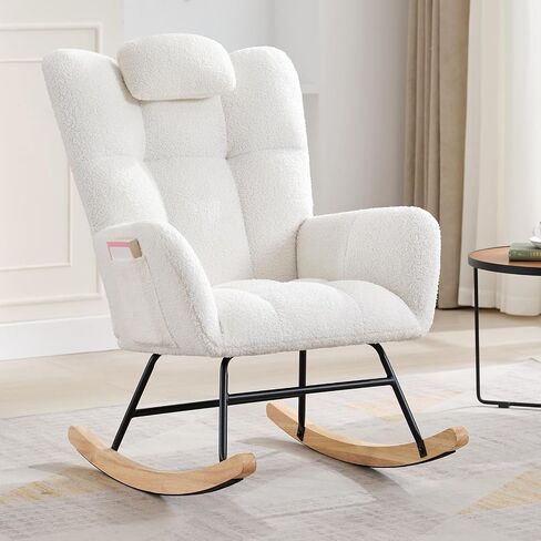 Teddy Glider Rocker, Nursery Nursing Chair for Adults, Compact Space-Saving Rocking Chair for Living Room, Bedroom & Small Spaces,Beige in Kuwait