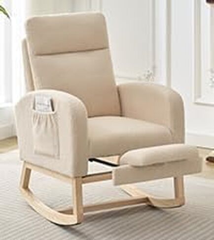 Fabric Rocking Nursery Chair for Mom Nursery,Rocking Chairs with Foot Rest,Recliner Armchair with High Backrest& Wood Legs and Side Pocket for Living Room,Bedroom,Beige in Kuwait