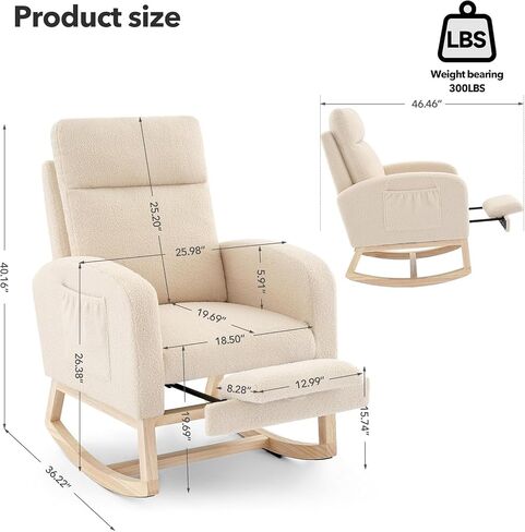 Fabric Rocking Nursery Chair for Mom Nursery,Rocking Chairs with Foot Rest,Recliner Armchair with High Backrest& Wood Legs and Side Pocket for Living Room,Bedroom,Beige in Kuwait