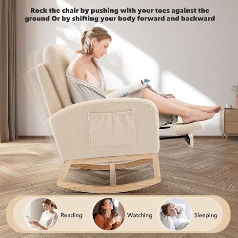 Fabric Rocking Nursery Chair for Mom Nursery,Rocking Chairs with Foot Rest,Recliner Armchair with High Backrest& Wood Legs and Side Pocket for Living Room,Bedroom,Beige in Kuwait