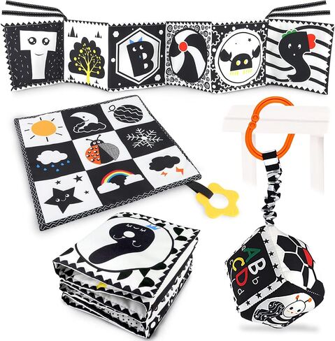 KUANGO 3 PCS Black and White High Contrast Baby Toys Newborn Toys 0-6 Months, Visual Stimulation Sensory Soft Book, Infant Tummy Time Toys 0-3-6 Months Baby Gifts in Kuwait