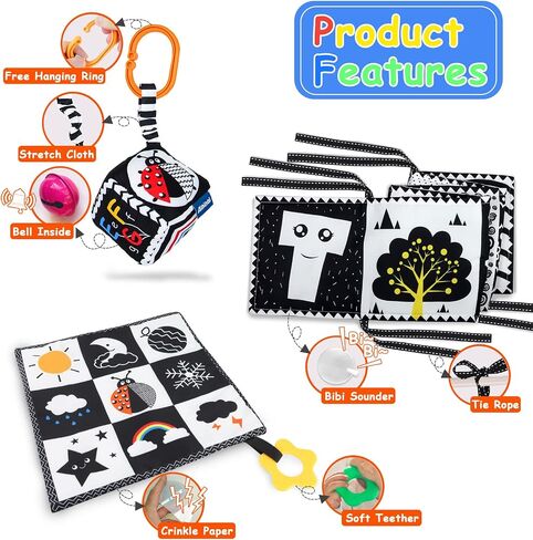 KUANGO 3 PCS Black and White High Contrast Baby Toys Newborn Toys 0-6 Months, Visual Stimulation Sensory Soft Book, Infant Tummy Time Toys 0-3-6 Months Baby Gifts in Kuwait