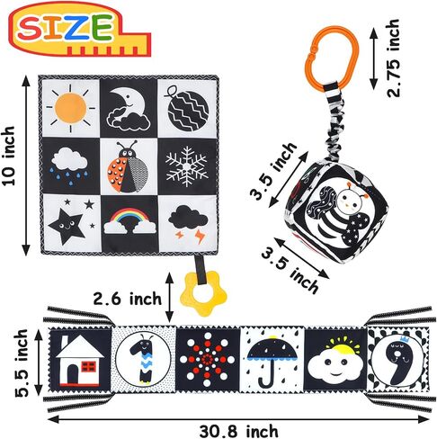 KUANGO 3 PCS Black and White High Contrast Baby Toys Newborn Toys 0-6 Months, Visual Stimulation Sensory Soft Book, Infant Tummy Time Toys 0-3-6 Months Baby Gifts in Kuwait