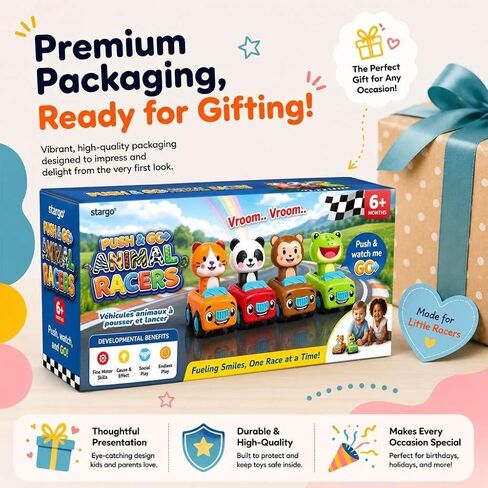 stargo Press to Go Car Toys, Toys for 1 Year Old Boy, Baby Toys 6-12 Months | 4-Pack Animal Cars – Baby Safe Ages 6-18 Months, No Batteries, Ideal Toddler Toys 1-2, Baby Boy Toys & 1 Year Old Boy Gifts in Kuwait
