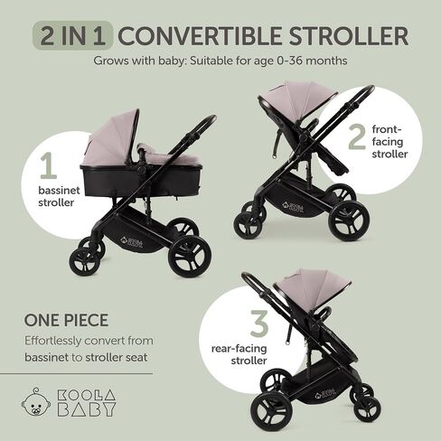 KOOLABABY 2-in-1 Foldable Baby Stroller – Newborn to Toddler Stroller with Extendable Canopy, 5-Point Harness & Large Storage Basket – One Hand Fold in Kuwait