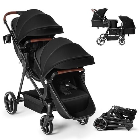 Double Stroller Newborn and Toddler, Foldable Tandem Twin Baby Travel Stroller, Storage Basket/Cup Holder, Adjustable Backrest, Reversible Seat, for 0-3 Kids in Kuwait