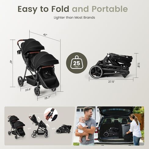 Double Stroller Newborn and Toddler, Foldable Tandem Twin Baby Travel Stroller, Storage Basket/Cup Holder, Adjustable Backrest, Reversible Seat, for 0-3 Kids in Kuwait