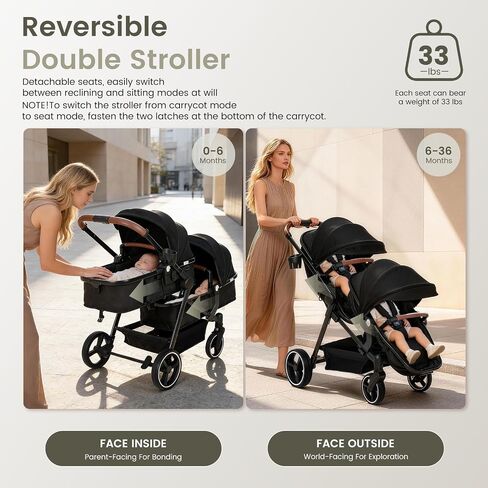 Double Stroller Newborn and Toddler, Foldable Tandem Twin Baby Travel Stroller, Storage Basket/Cup Holder, Adjustable Backrest, Reversible Seat, for 0-3 Kids in Kuwait