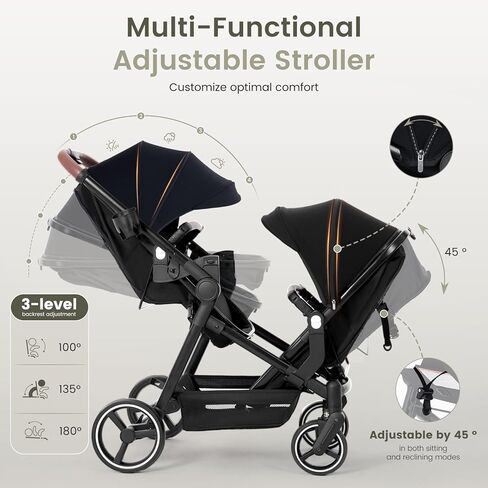 Double Stroller Newborn and Toddler, Foldable Tandem Twin Baby Travel Stroller, Storage Basket/Cup Holder, Adjustable Backrest, Reversible Seat, for 0-3 Kids in Kuwait