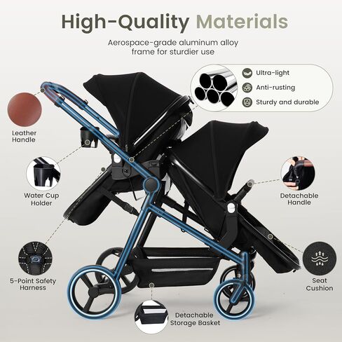 Double Stroller Newborn and Toddler, Foldable Tandem Twin Baby Travel Stroller, Storage Basket/Cup Holder, Adjustable Backrest, Reversible Seat, for 0-3 Kids in Kuwait