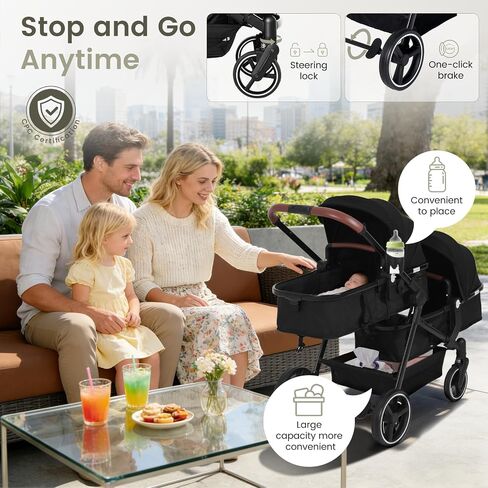 Double Stroller Newborn and Toddler, Foldable Tandem Twin Baby Travel Stroller, Storage Basket/Cup Holder, Adjustable Backrest, Reversible Seat, for 0-3 Kids in Kuwait