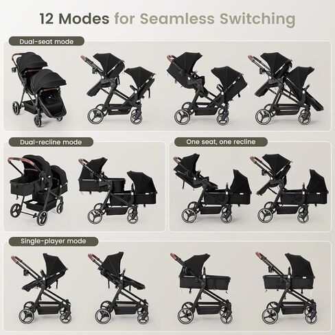 Double Stroller Newborn and Toddler, Foldable Tandem Twin Baby Travel Stroller, Storage Basket/Cup Holder, Adjustable Backrest, Reversible Seat, for 0-3 Kids in Kuwait