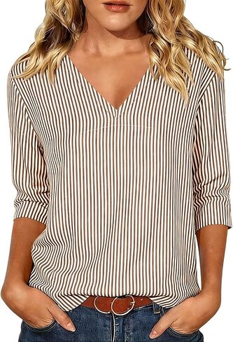 Womens T Shirts 3/4 Length Sleeve Tops V Neck Striped | 3/4 Length Sleeve Womens Tops V Neck T Shirts Striped Blouses Business Casual Loose Fit Casual Outfits in Kuwait