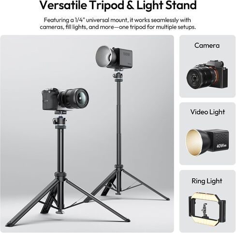 ULANZI MT93 Universal 1/4" Light Stand Camera Tripod w Auto-Open w UKA Quick-Release, 63" Portable Adjustable Ball Head Tripod for Cameras/Video Light/Phone/Outdoor Photo, Up Load 6.61lb, w Bag in Kuwait