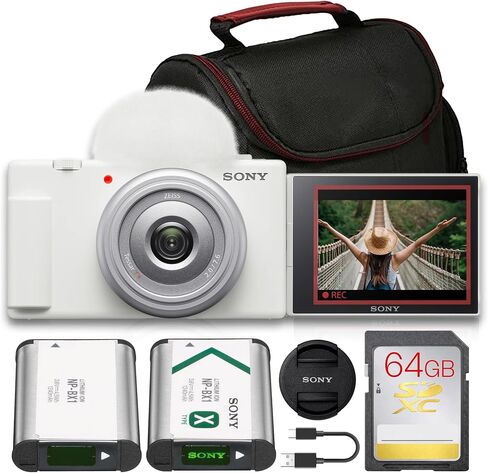 Sony ZV-1F Vlogging Camera Bundle (White) | 20.1MP 1" Sensor, 4K Video, 20mm Wide Lens, Flip Screen & Directional Mic | Ideal for Vlogging & Content Creation (ZV1F/W) + 64GB Card + Bag + Battery in Kuwait
