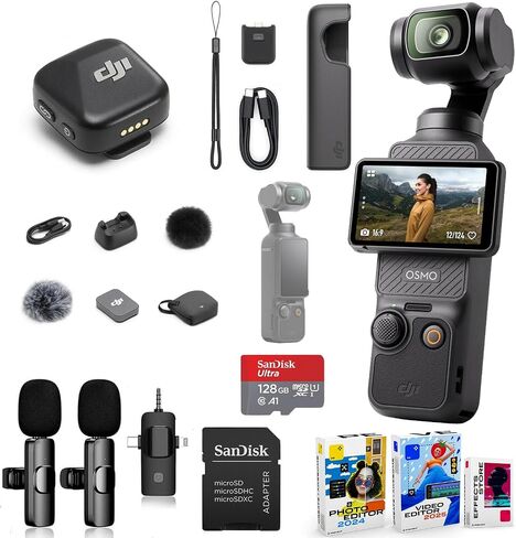DJI Osmo Pocket 3 Vlog Combo, Vlogging Camera with 1'' CMOS & 4K/120fps for YouTube, Mic Mini Transmitter (Infinity Black) Bundle + 128GB Memory, Software, 2X Wireless Mic System in Kuwait
