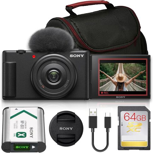 Sony ZV-1F Vlogging Camera Bundle (Black) | 20.1MP 1" Sensor, 4K Video, 20mm Wide Lens, Flip Screen & Directional Mic | Ideal for Vlogging & Content Creation (ZV1F/B) + 64GB Card + Camera Bag in Kuwait