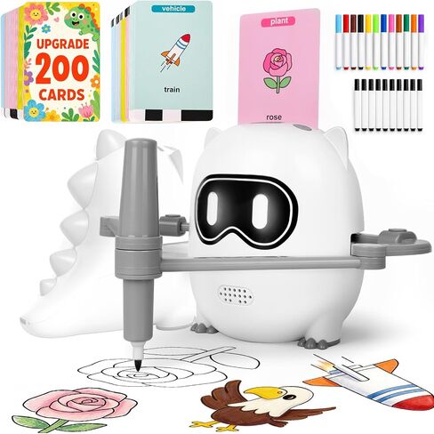 Drawing Robot Toy for Kids Ages 3 4 5 6 7 8, with 200 Cards, Voice Interactive Doodle Bot, Montessori Educational Painting Machine, Learning Art Toy for Boys Girls, Gift Idea in Kuwait