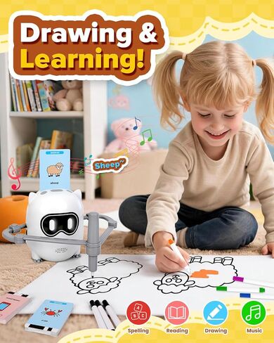 Drawing Robot Toy for Kids Ages 3 4 5 6 7 8, with 200 Cards, Voice Interactive Doodle Bot, Montessori Educational Painting Machine, Learning Art Toy for Boys Girls, Gift Idea in Kuwait