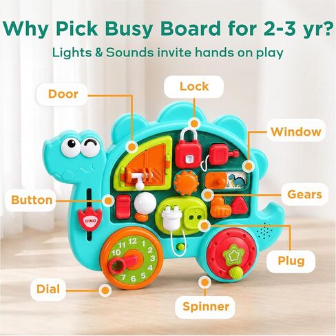 iPlay, iLearn Dinosaur Busy Board Montessori Toy for Toddlers Age 1-3, 2-4 | Baby Music Sensory Learning Activity Board, Fine Motor Development Toy, Birthday Gift 18 24 Month 1 2 3 4 Yr Old Kid Boy Girl in Kuwait