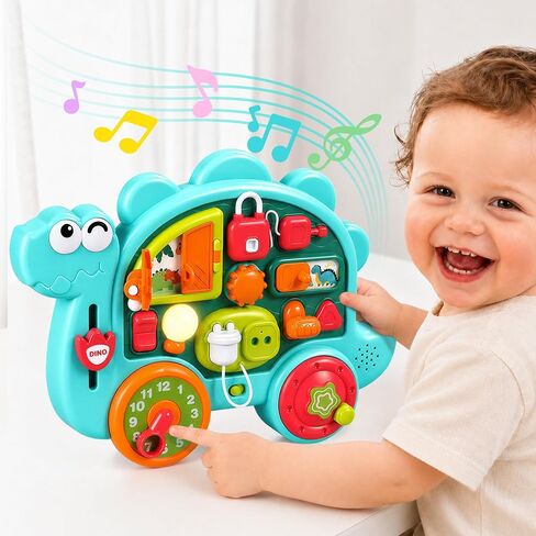 iPlay, iLearn Dinosaur Busy Board Montessori Toy for Toddlers Age 1-3, 2-4 | Baby Music Sensory Learning Activity Board, Fine Motor Development Toy, Birthday Gift 18 24 Month 1 2 3 4 Yr Old Kid Boy Girl in Kuwait