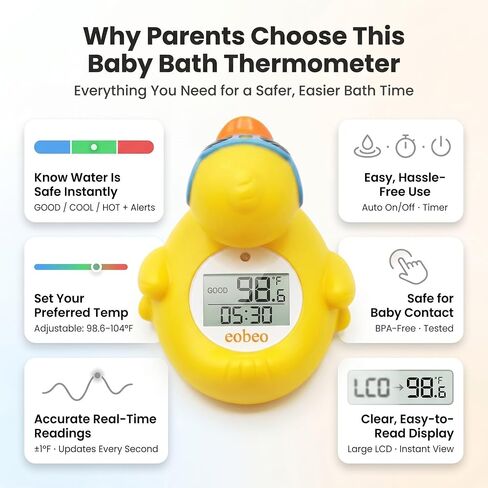 Baby Bath Thermometer, Floating Duck Infant Water Thermometer for Newborns | Good/Cool/Hot Display, LED & Sound Alarm, Adjustable High-Temp Alert, ±1°F Accuracy, BPA-Free IPX7 Duck for Newborn Baths in Kuwait